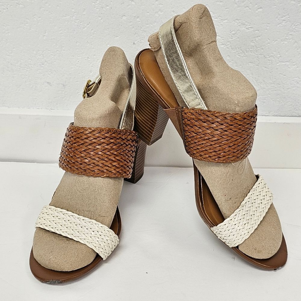 dressbarn Brown Woven & Cream Braided Block Heel Sandals